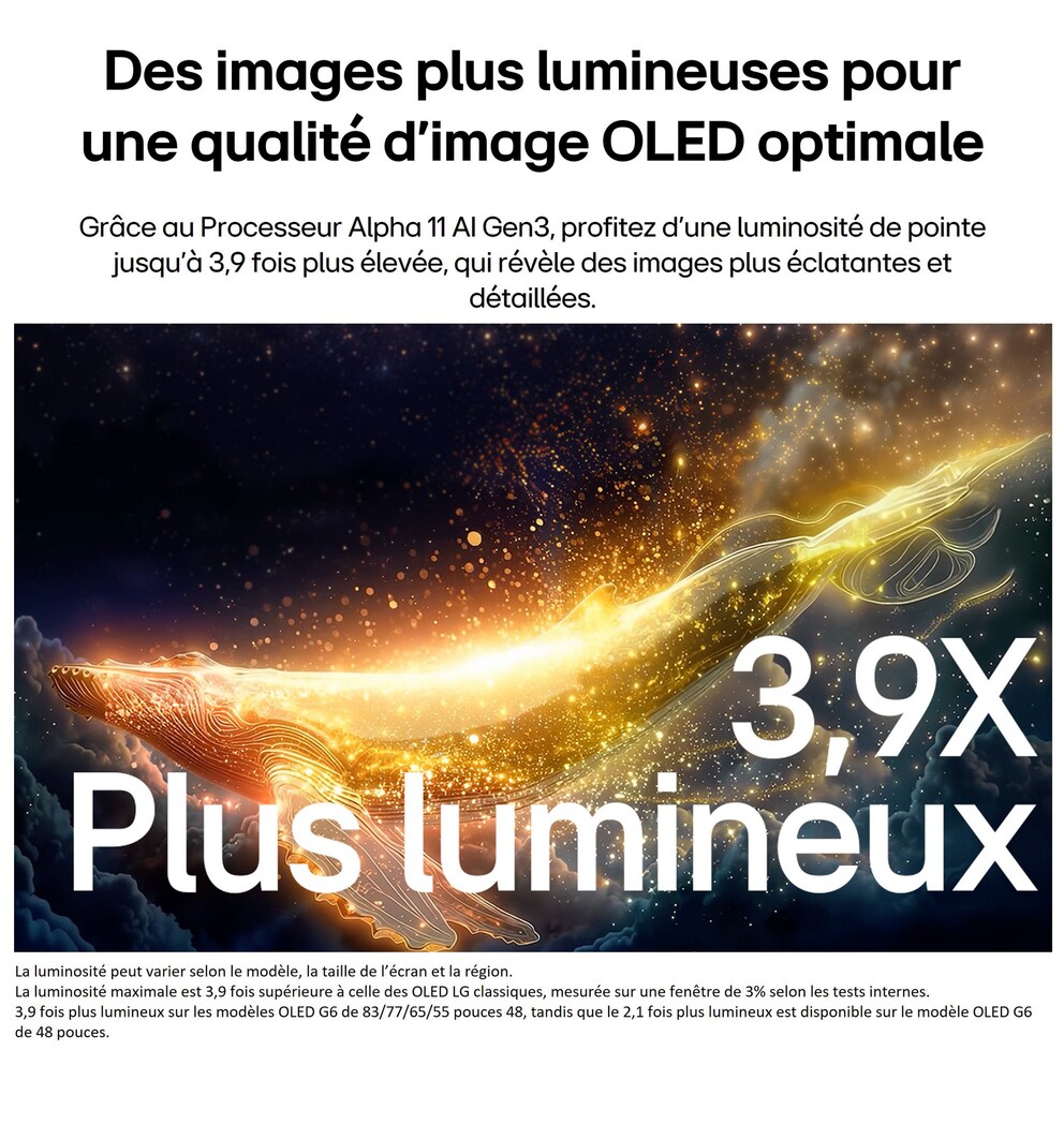 LG OLED evo AI G6 avec Brightness Booster Ultra montre une scène sombre où une silhouette de baleine lumineuse se démarque au milieu de particules éclatantes, offrant une luminance 3,9 fois plus lumineuse avec des détails plus clairs.